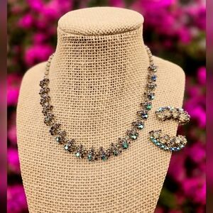 Vintage 1950s Smokey Quartz & AB Rhinestone Fringe Necklace & Earring Set (D&E?)